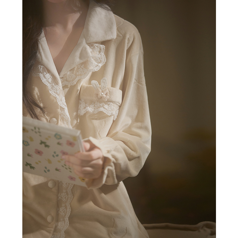 思莉太太【云端之上】睡衣女秋冬季甜美蕾丝冬天加厚加绒家居服套装
