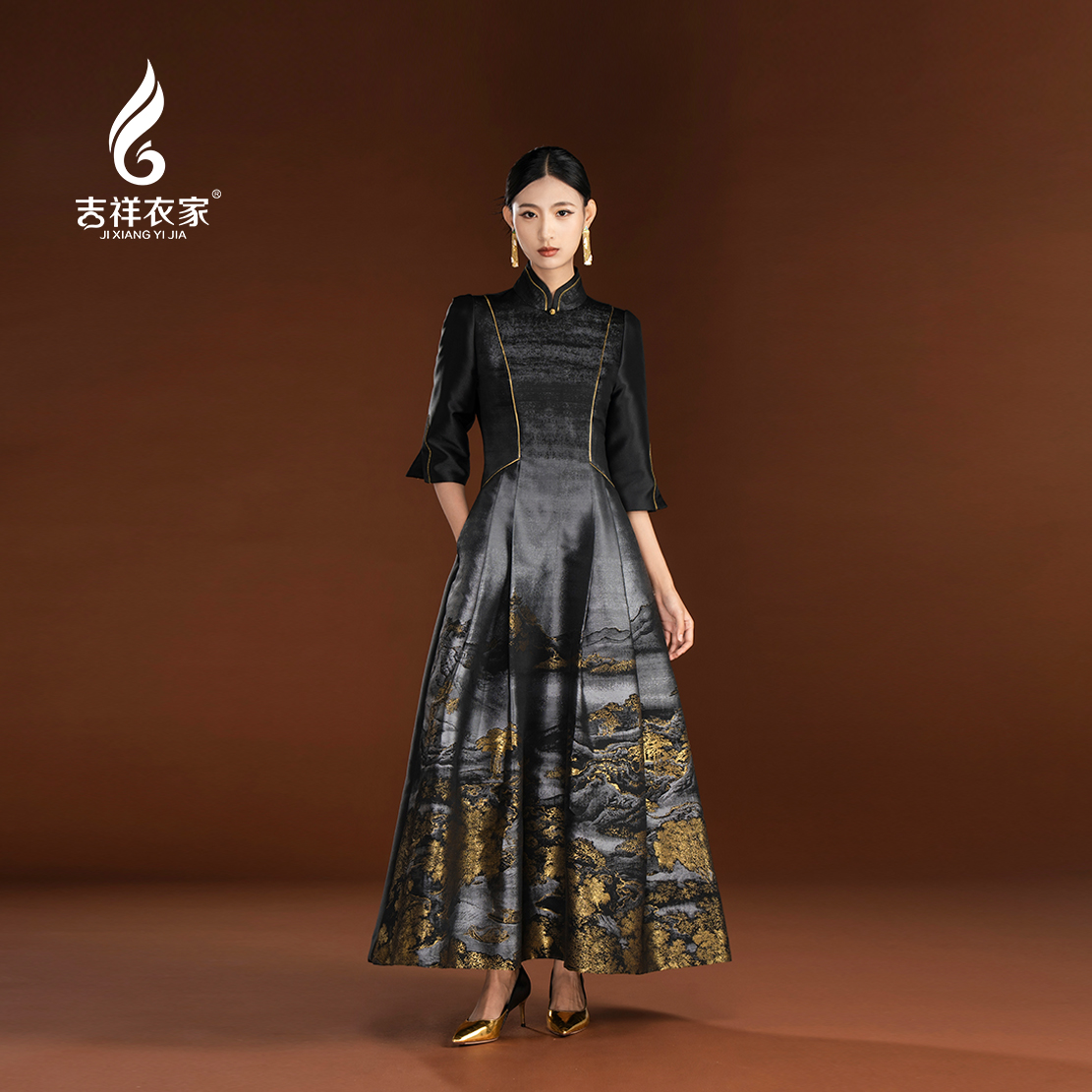 JIXIANGYIJIA/吉祥衣家依诗取兴连衣裙中国风复古长款943237164