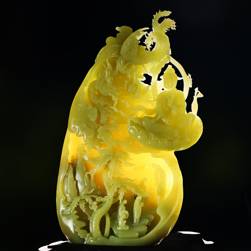新疆和田玉甘黄净瓶观音龙凤呈祥摆件-SP