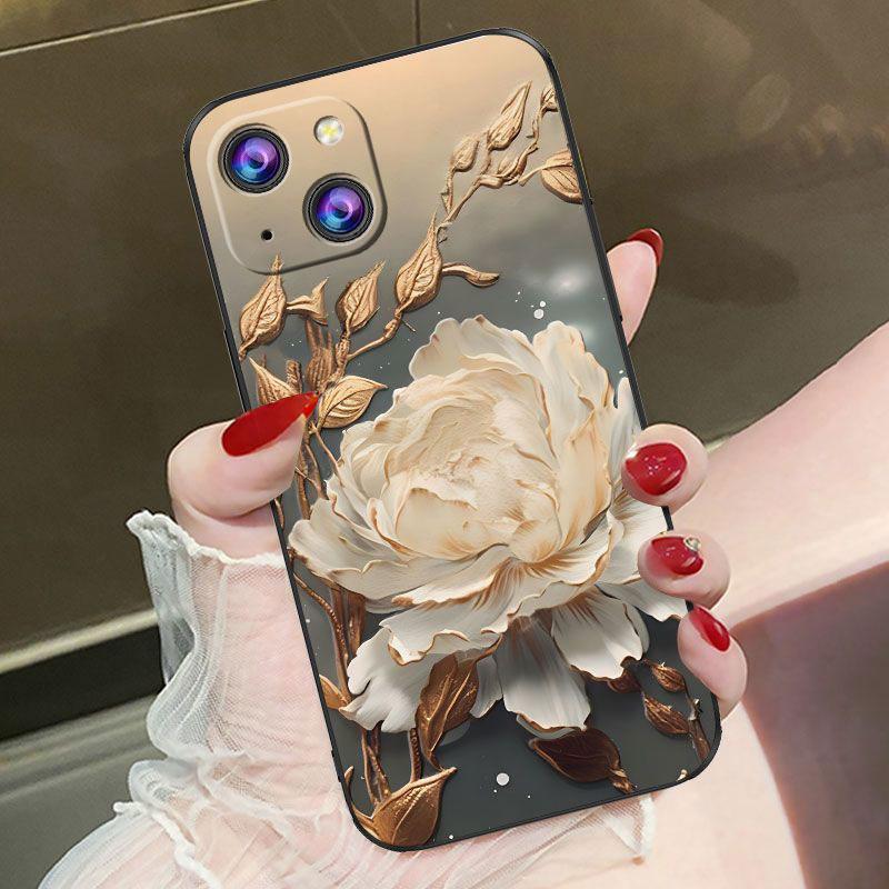 适用于苹果13手机壳iphone13白色玫瑰时尚女防摔软壳全包式
