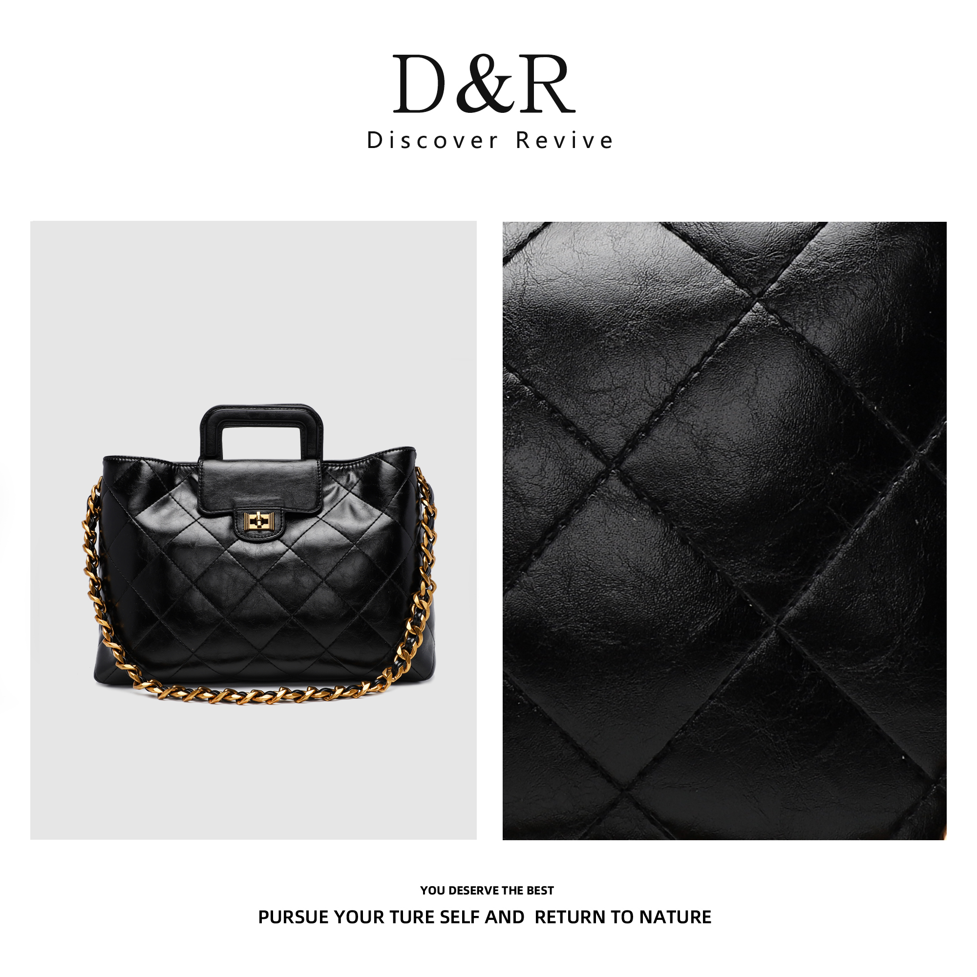 Discover Revive时尚经典百搭复古手提单肩斜挎手提包E419-黑