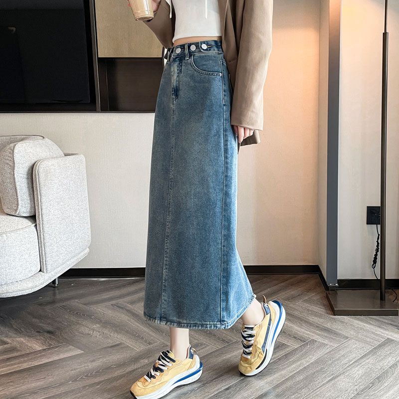 复古后开叉牛仔半身裙女春秋新款高腰显瘦包臀a字裙夏季长款直筒