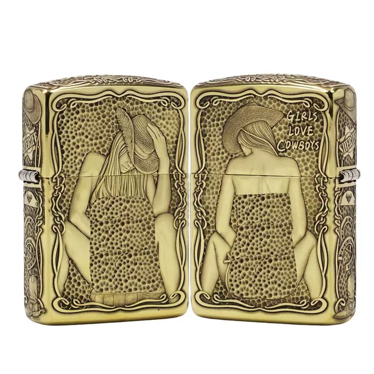 ZIPPO/之宝【牛仔女郎】立体浮雕 黄铜盔甲美女防风打火机 DY9912FD