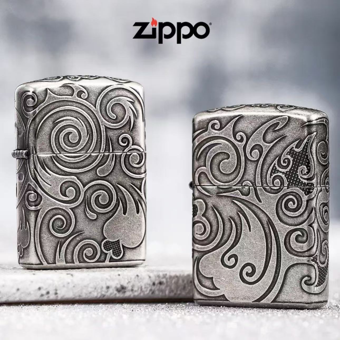 ZIPPO/之宝【流云淬火】仿古银蚀刻盔甲在版在册防风打火机 TCX1