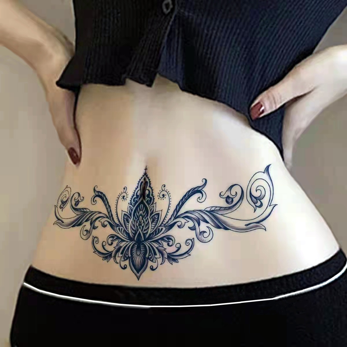 墨色草本纹身贴美肚美腰女生个性诱惑防水持久果汁半永久性感遮伤