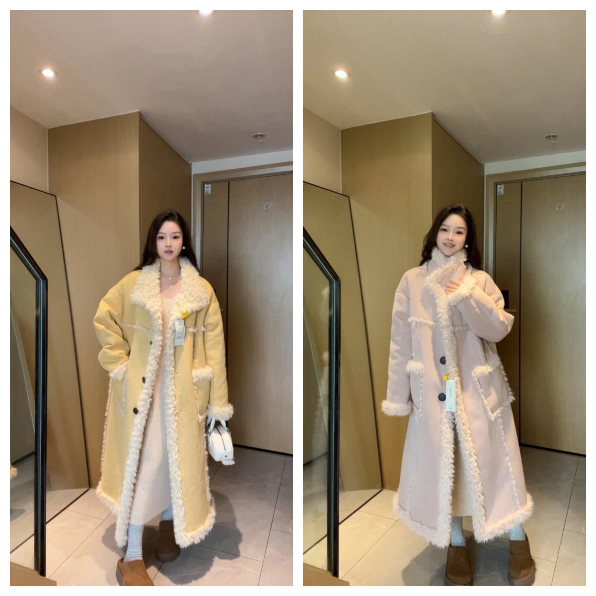 【冬日物语】粉色拼接长款毛毛外套女冬新款加厚时尚