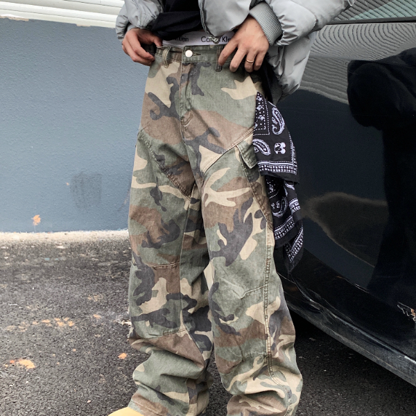 斜袋迷彩工装裤cleanfit美式宽松直筒裤痞帅情侣休闲裤潮