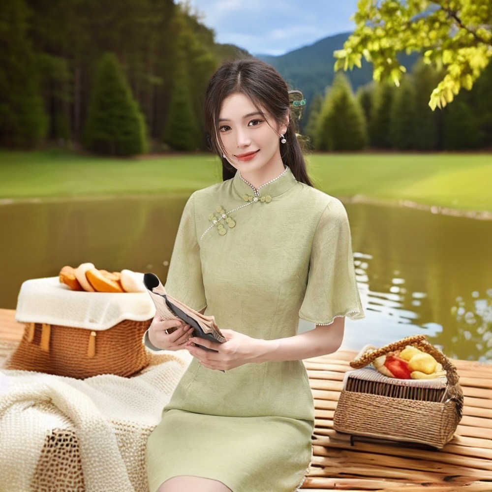 温婉优雅绿色碎花旗袍改良版短袖连衣裙夏季