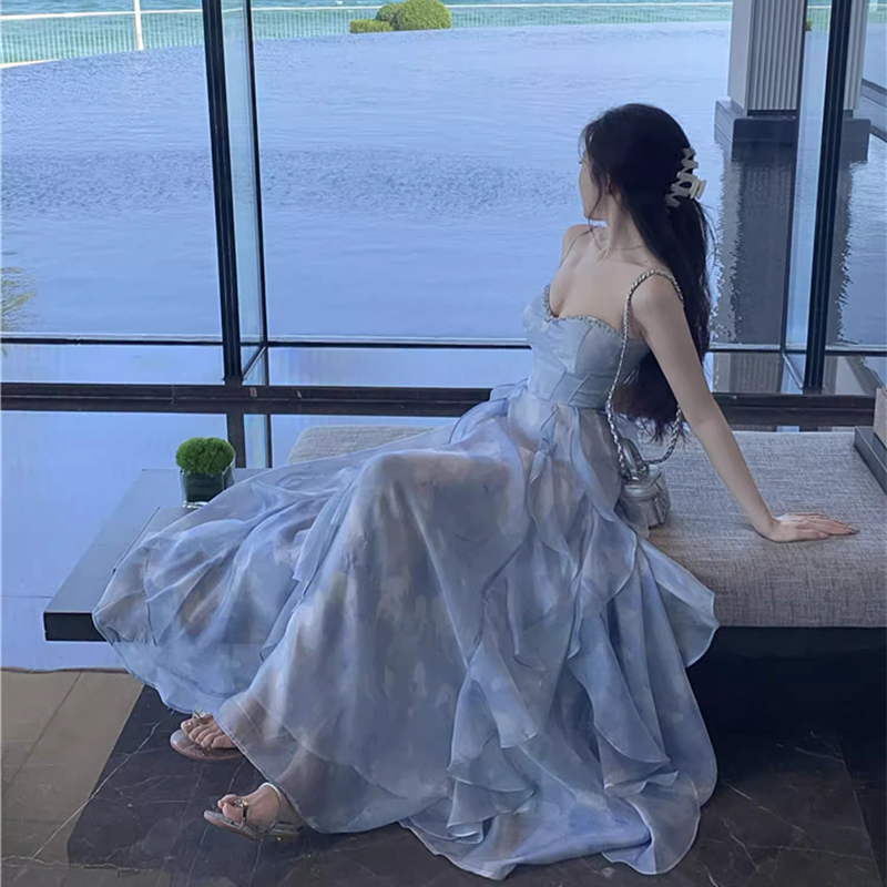  气质温柔风【夏至未至】桔梗蓝色海边仙女裙法式收腰吊带连衣裙