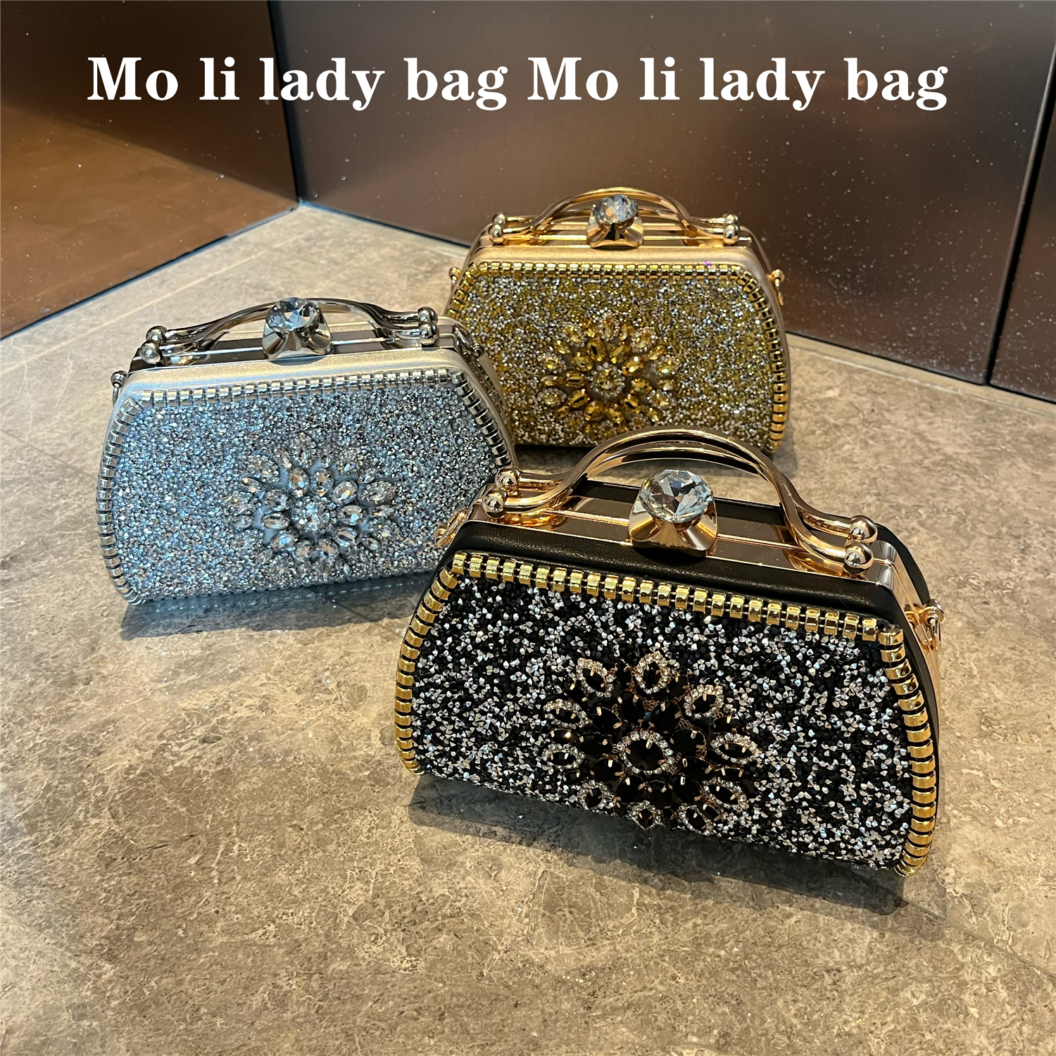 Moli新款太阳花合金水钻雕花手提包旗袍包女小手包斜跨包晚宴会包