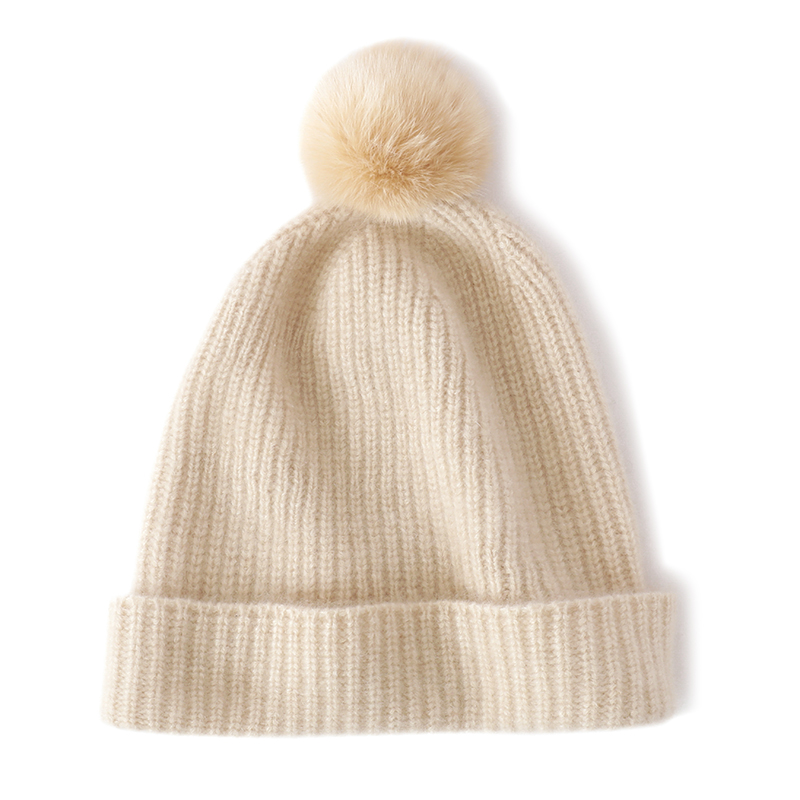 100%纯山羊绒帽子女士简约超软毛线翻边可拆卸毛球帽秋冬季保暖