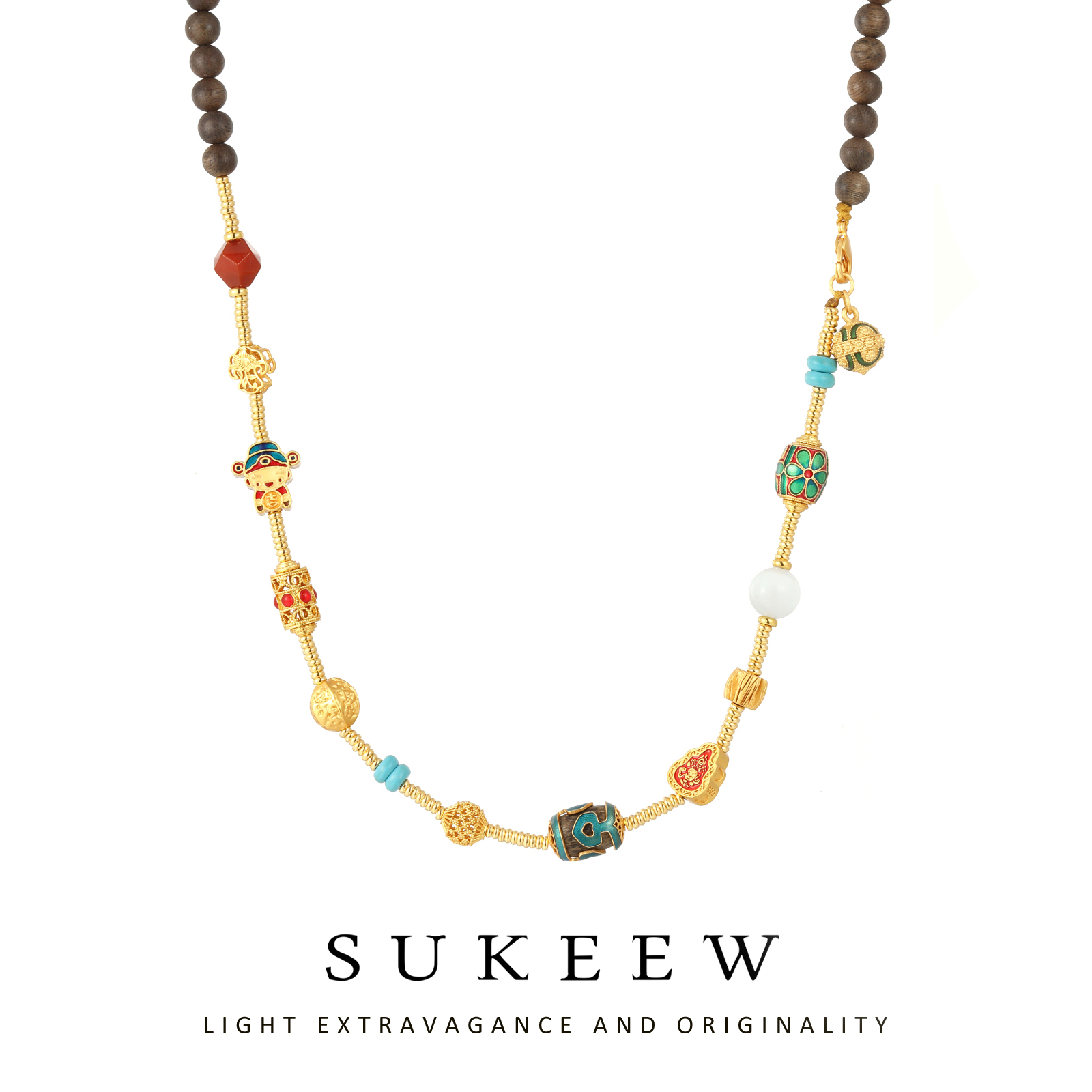 SUKEEW/酥可 铜合金木质项链 中式财神木珠复古毛衣项链229001
