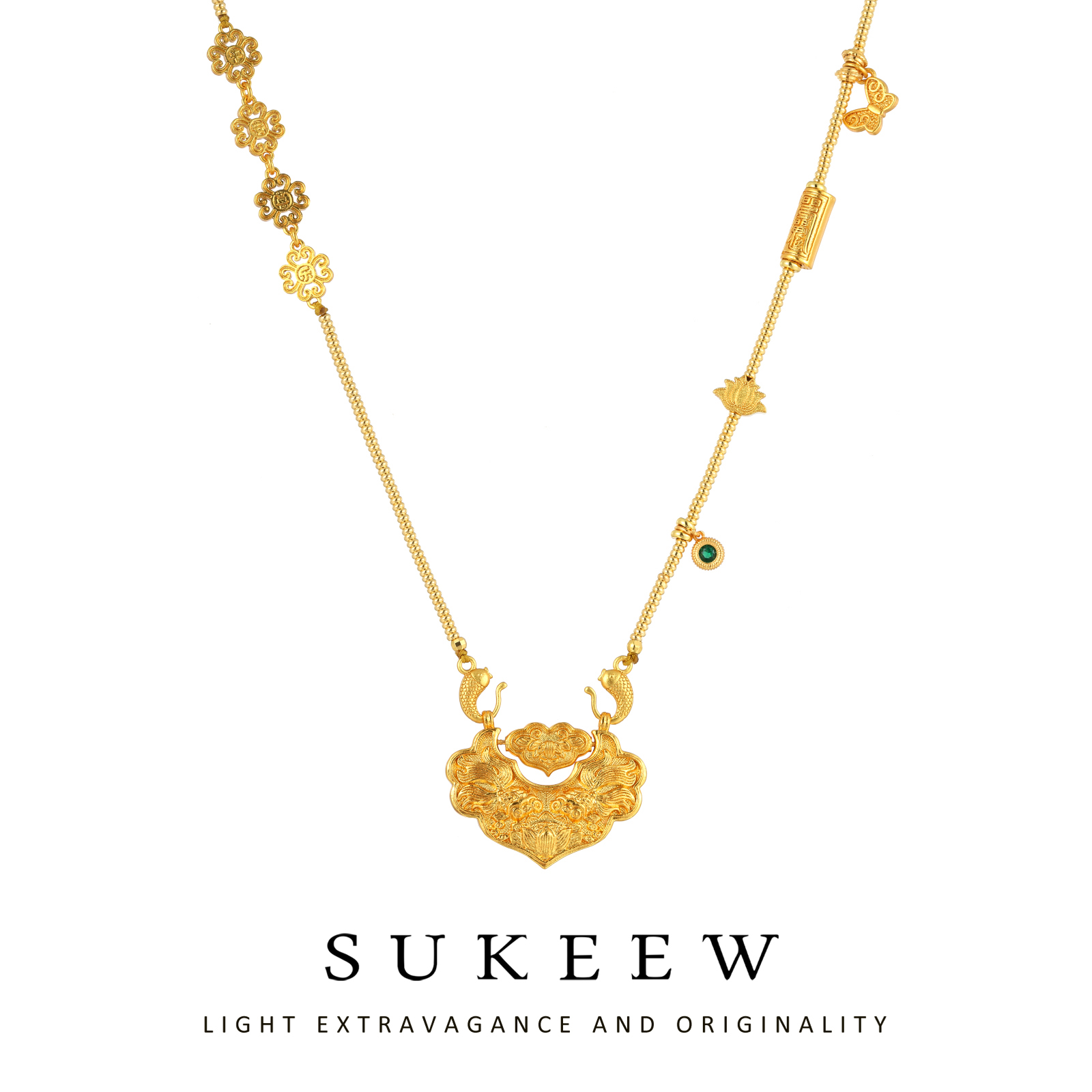 SUKEEW/酥可 镀k金 新中式花朵锦鲤扣毛衣项链315203