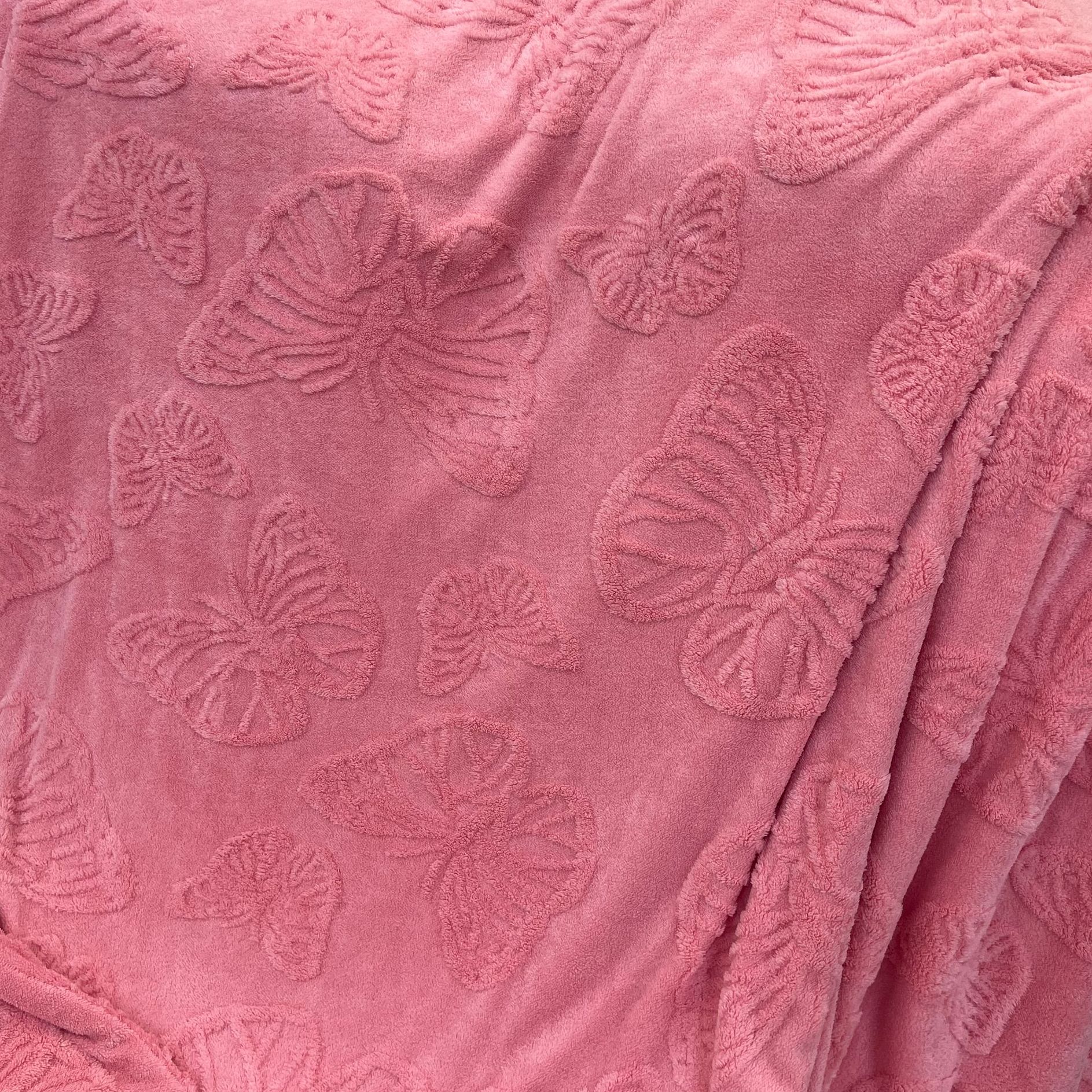 粉色蝴蝶塔芙绒双人毛毯 提花简约大气加厚纯色大床绒毛毯