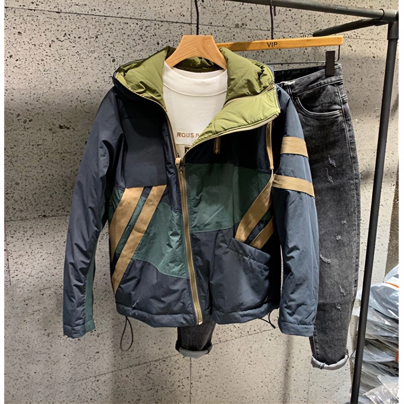 新款冬季2023拼接撞色男士连帽棉服复古斜拉链加厚抗寒时尚面包服