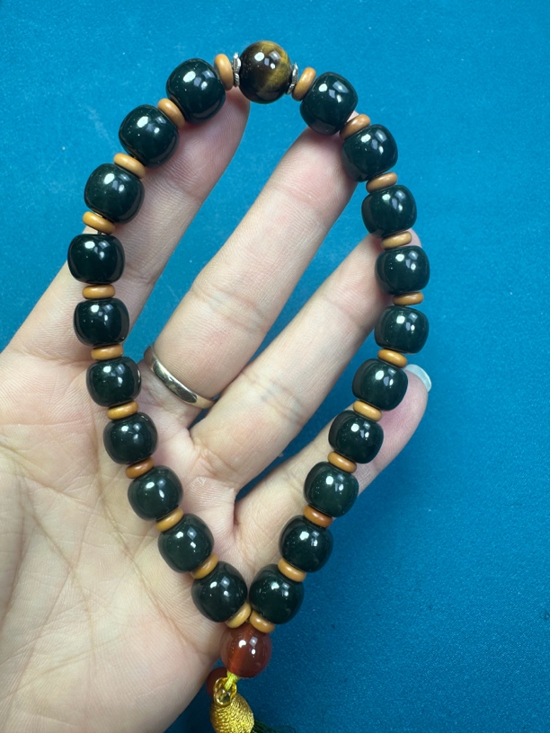 和田玉老型珠青玉细料手持蓝色百搭单圈