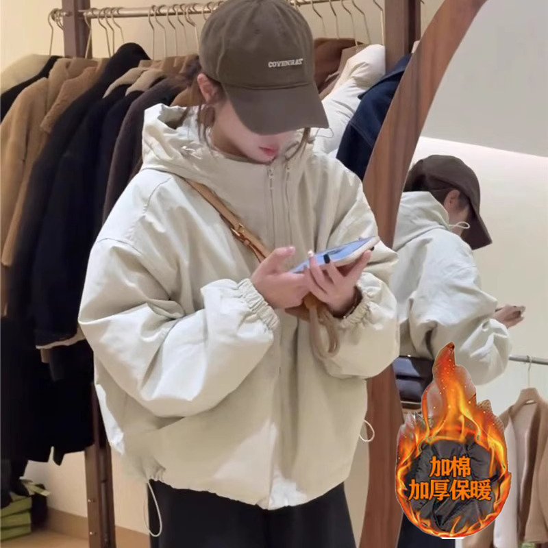 双拉链冲锋衣棉服外套女2025秋冬爆款时尚百搭显瘦休闲连帽棉衣潮