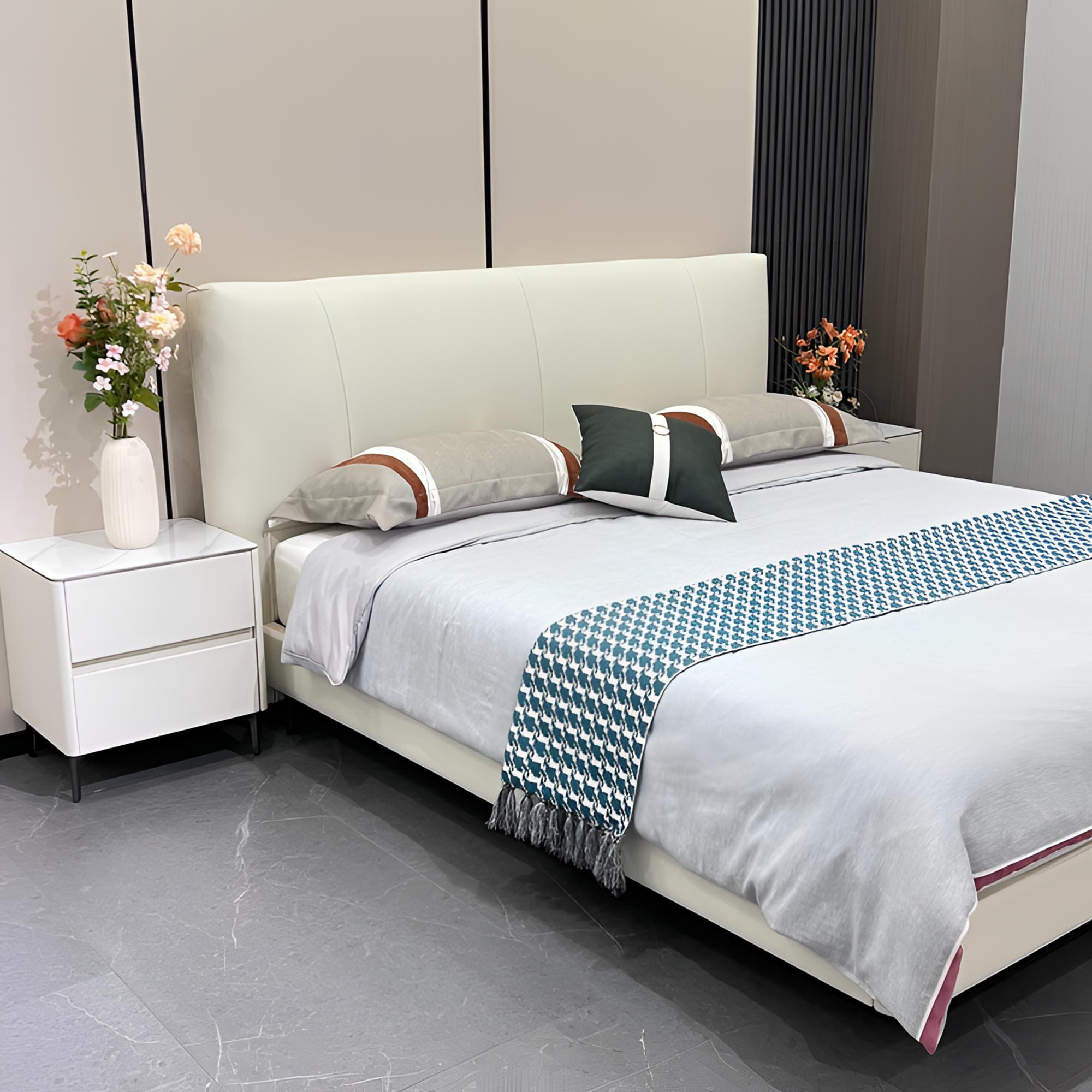 轻奢简约酒店家具成套黄牛皮床家用主卧大床双人意式极简床#Z16#