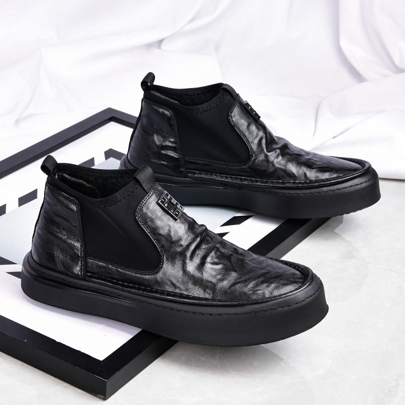 2023年新款时尚短靴加绒男士秋冬鞋韩版潮流一脚蹬中帮皮鞋23819