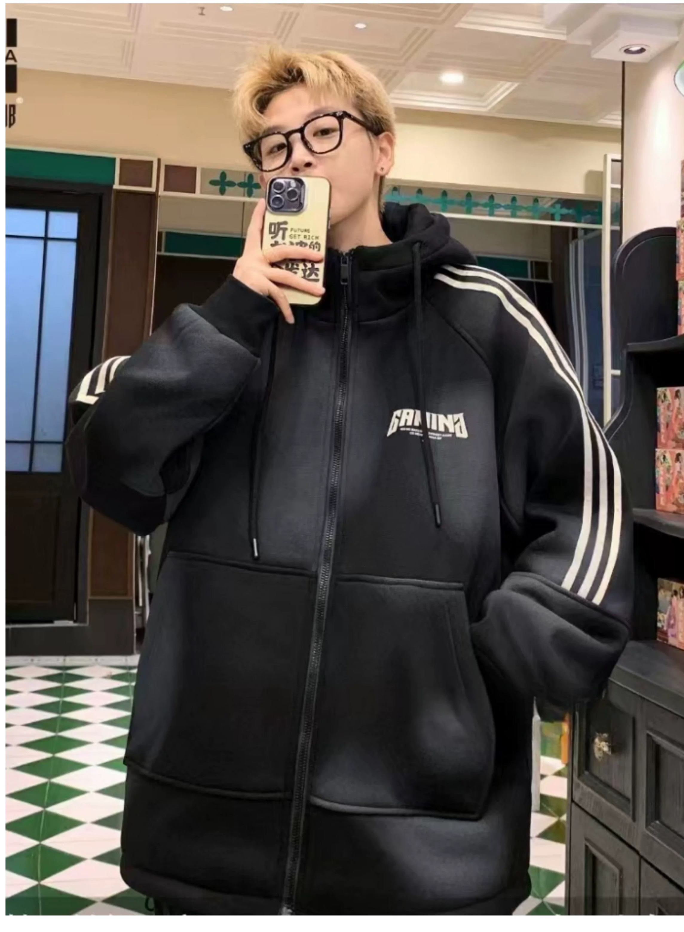 男大童秋冬加厚外套潮流风衣青少年冬季帽衫卫衣