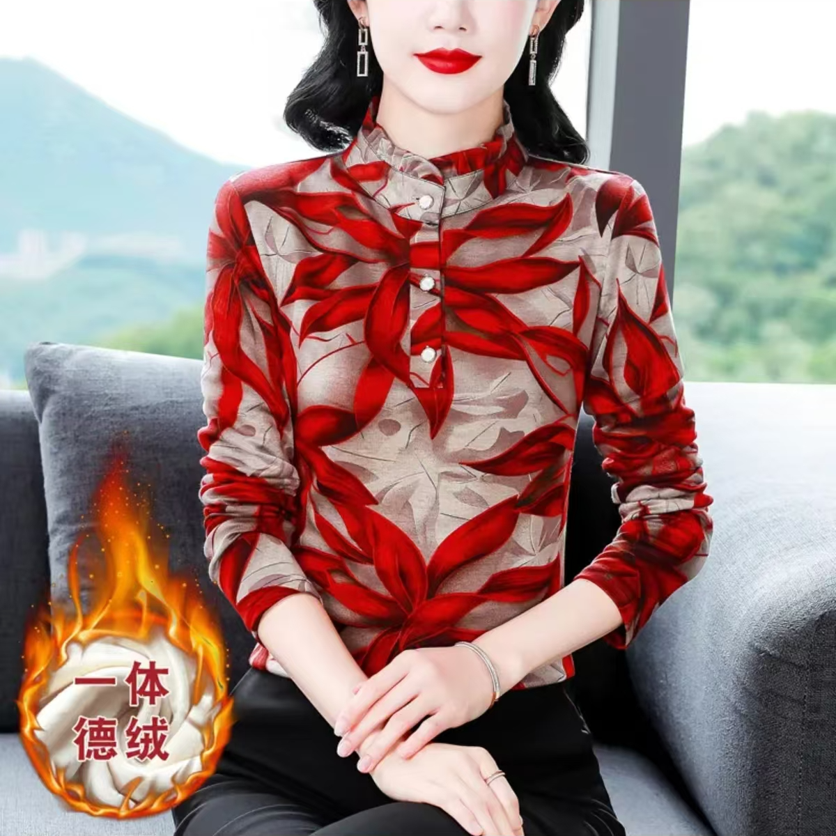 加绒打底衫女士百搭秋冬新款时尚减龄半高领洋气印花宽松保暖上衣