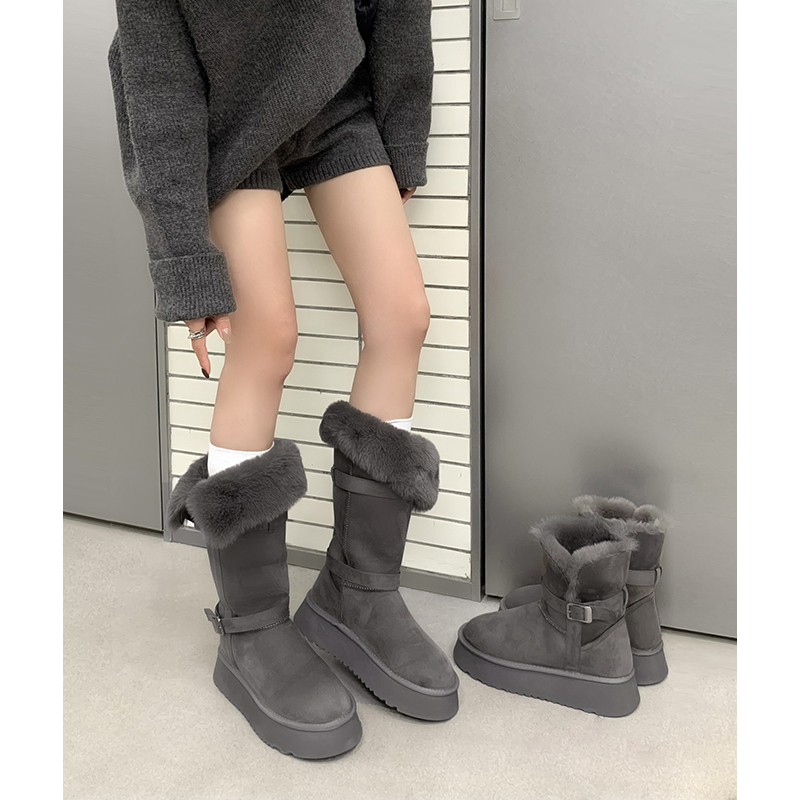 柚子初厚底灰色雪地靴女2024冬季新款两穿长筒加厚保暖高筒靴棉鞋