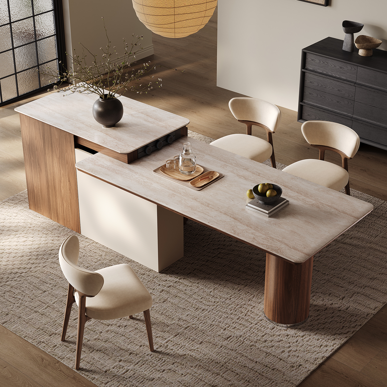 岩板岛台餐桌一体可伸缩轻奢高端黑胡桃木饰面中导台2024新款