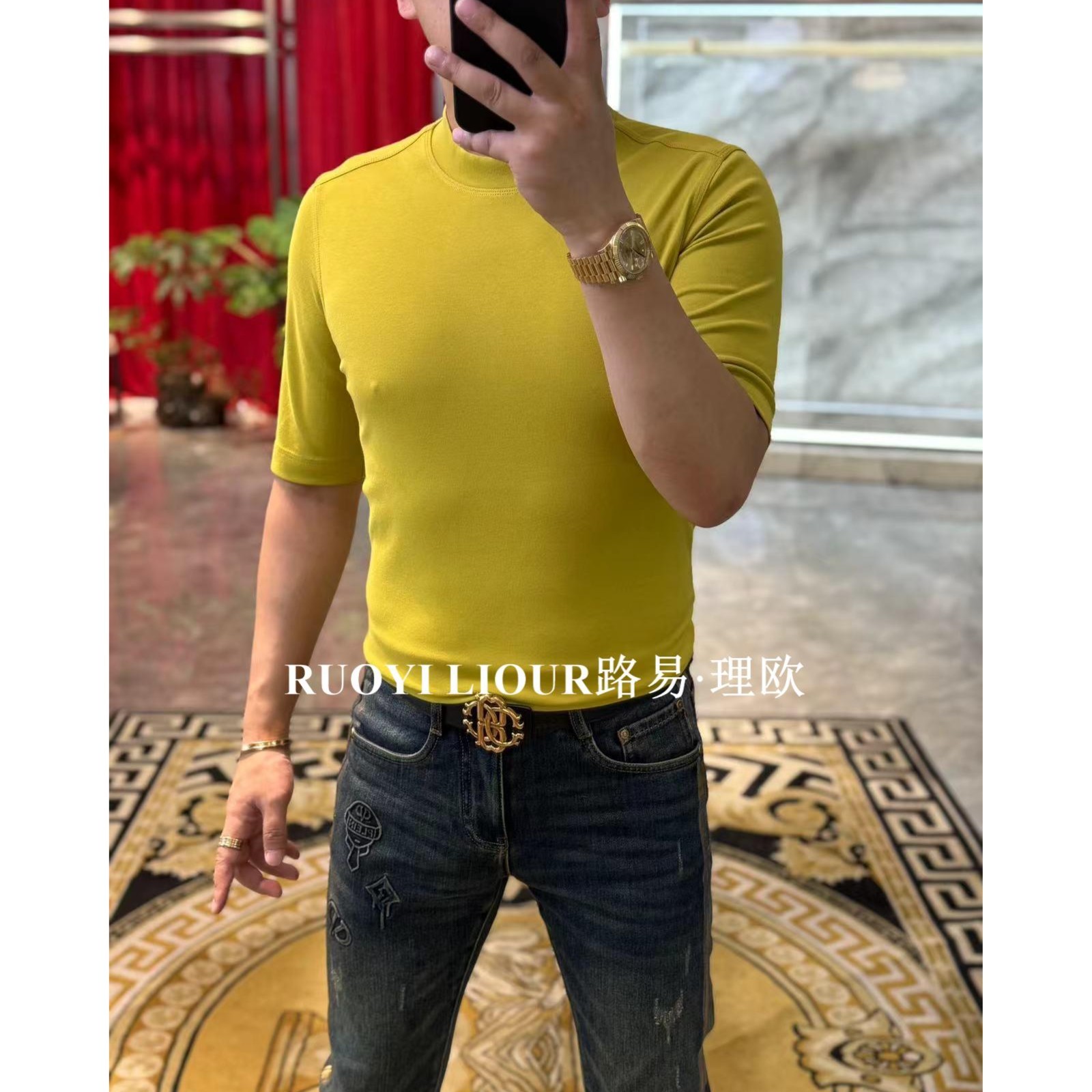 【路易理欧】2024欧货时尚潮流轻奢纯色高品质秋季圆领T恤00683