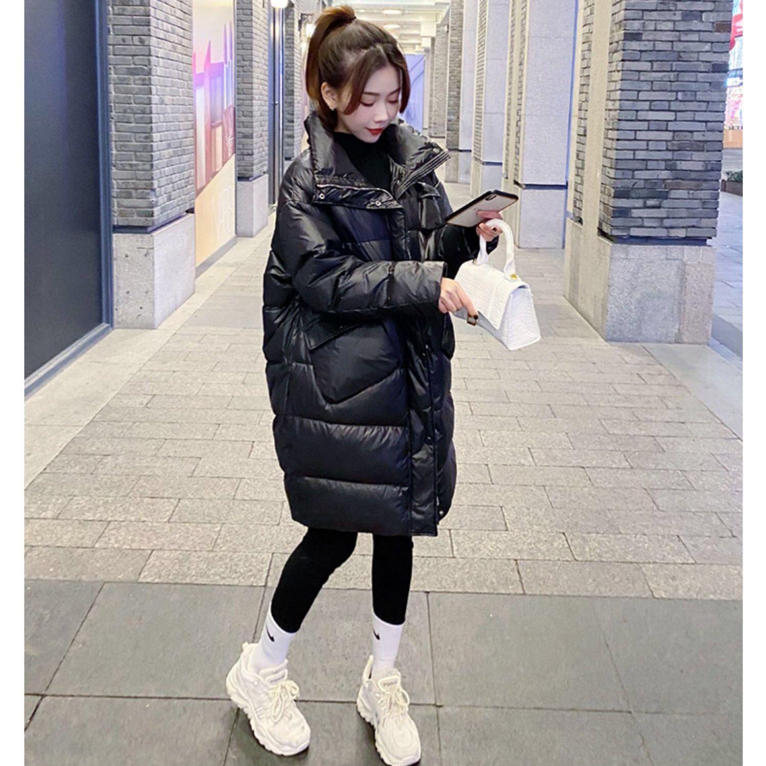 波司登白鸭绒羽绒服新款韩版宽松时尚百搭中长款立领斜口袋亮面冬