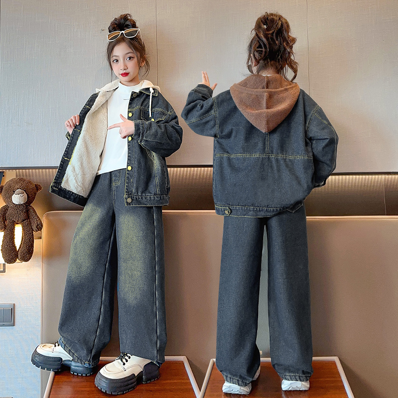 女童秋冬装套装2024新款韩版儿童加绒加厚复古牛仔冬装洋气两件套