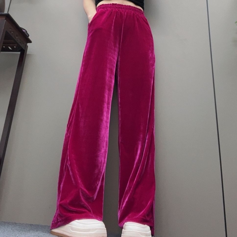 三姐家2024秋冬款新中式丝绒松紧腰宽松阔腿裤