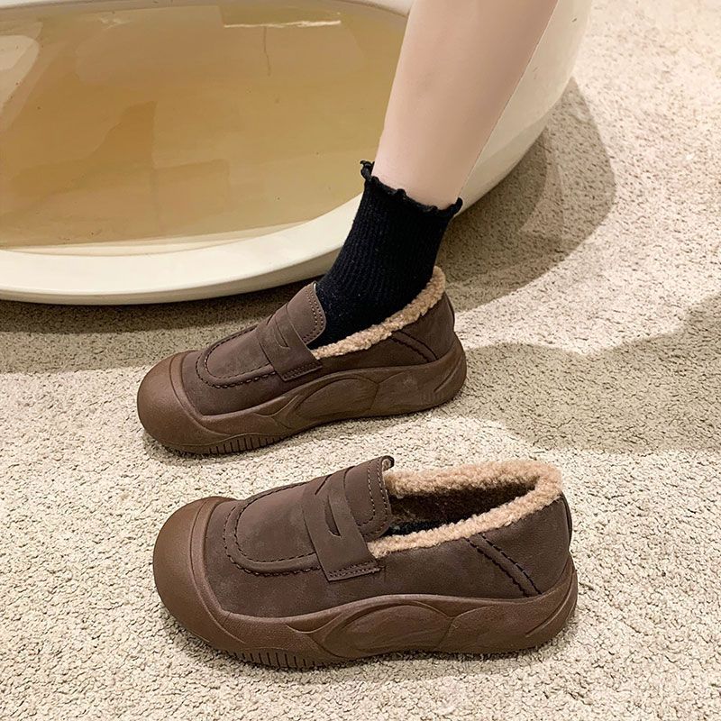 厚底毛毛鞋女秋新款外穿加绒保暖棉鞋一脚蹬休闲乐福鞋一件代发