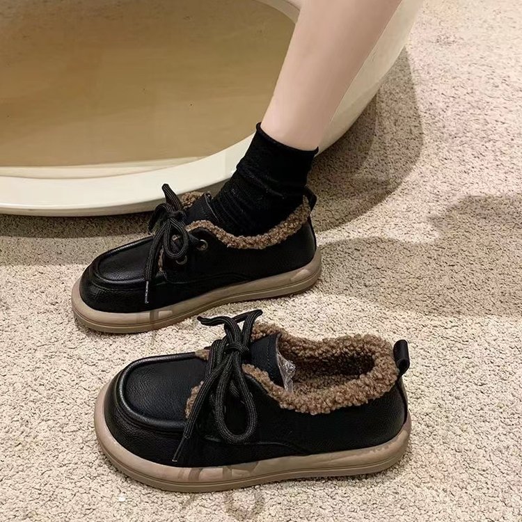 软底加绒乐福鞋女秋冬季英伦风小皮鞋毛毛鞋复古加厚保暖系带豆豆