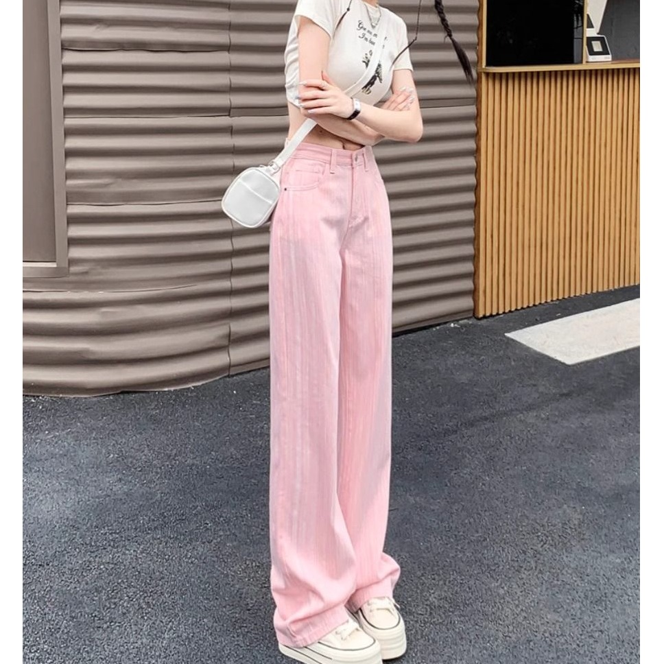 金彤梦粉色窄版直筒牛仔裤女夏季新款高腰显瘦时尚垂感阔腿拖地裤