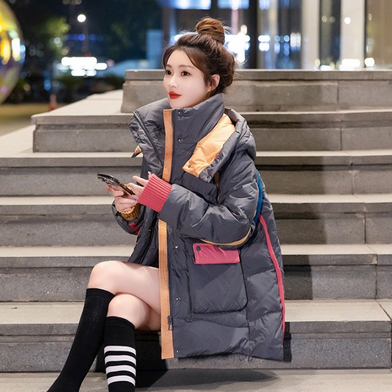 鸭鸭服女2023新款冬季拼色韩版宽松显瘦中长款连帽外套