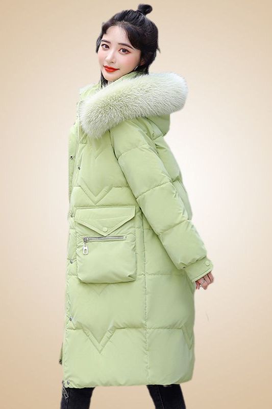 鸭鸭羽绒服女2023冬季韩版百搭中长款宽松连帽加厚过膝保暖外套