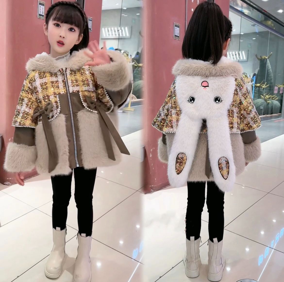 【轻奢咖女孩】女童兔耳朵毛毛外套冬季新款儿童加绒加厚中大童公主
