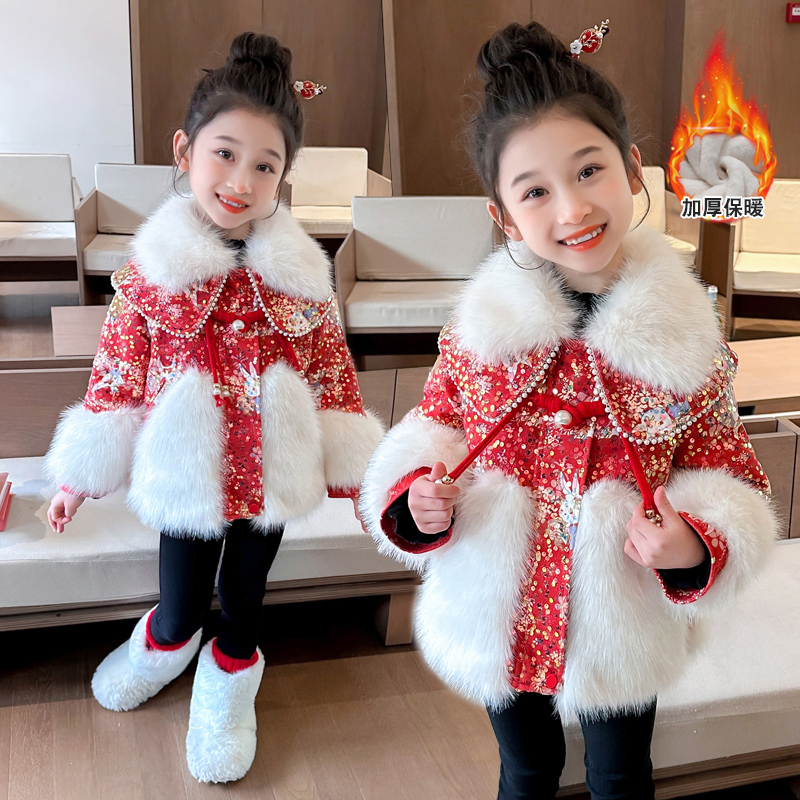 【金蛇迎新拜年服】女童2024冬中大童时髦中国风加绒加厚保暖拜年
