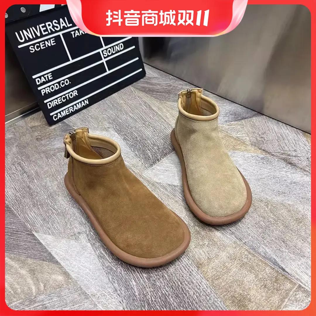 断码女鞋磨砂真皮短靴女2023新款秋冬季加绒切尔西靴子平底复古森