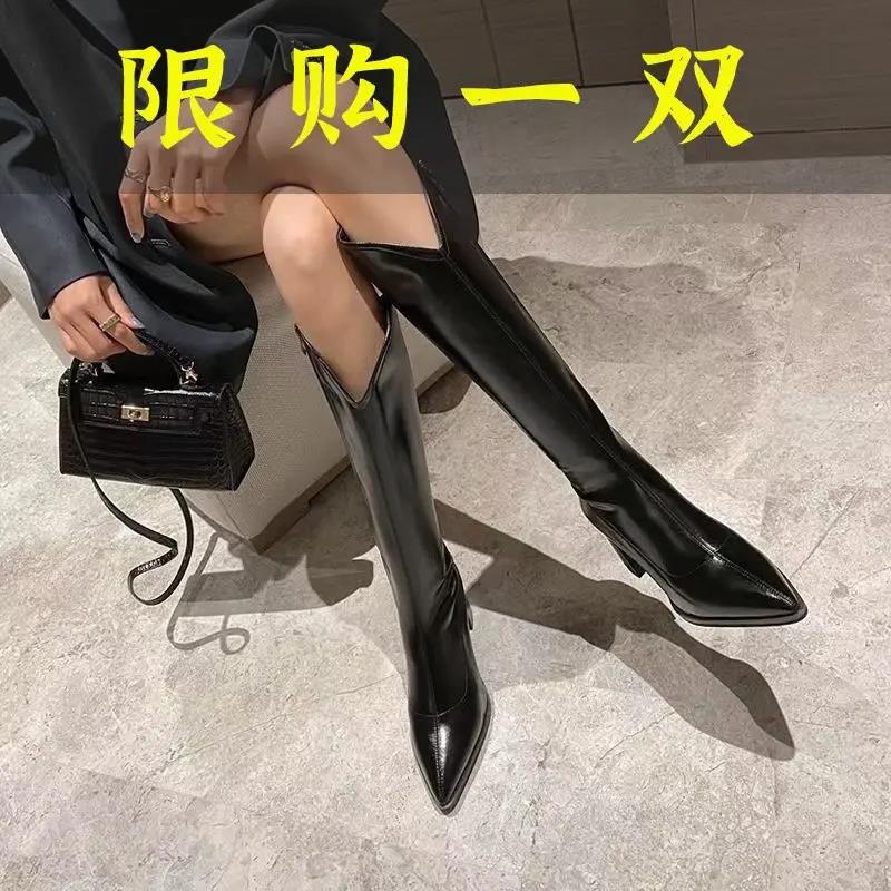 断码女鞋2023尖头高跟瘦瘦靴V口瘦瘦长靴女真皮长筒靴骑士靴粗