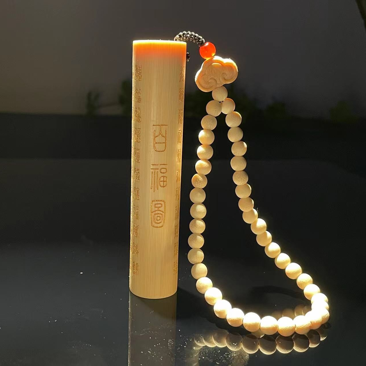 实心玉竹【鎏金百福图】手把件