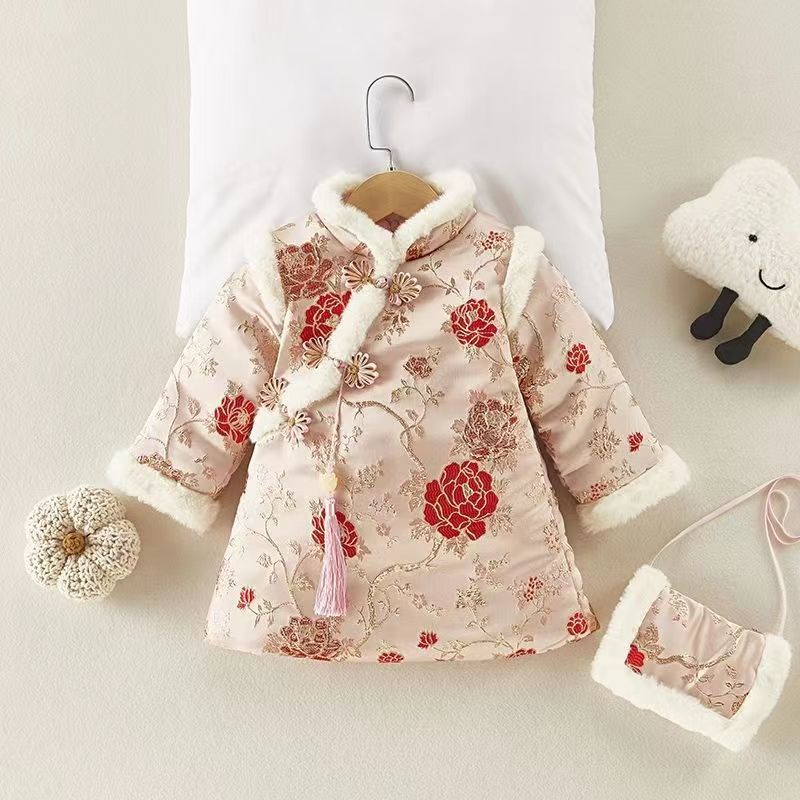 女童旗袍拜年服儿童喜庆礼服装复古冬季汉服国风加绒加厚小童冬款