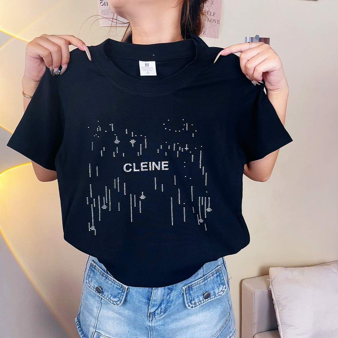 重工字母烫钻短袖t恤女2025夏季新款螺纹棉高弹T修身显瘦半袖打底