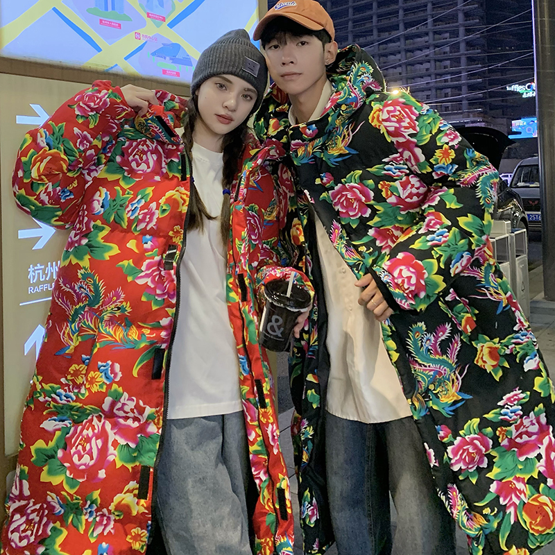 东北大花棉袄军冬大衣男款冬季连帽加厚情侣棉服中长款大学生棉衣