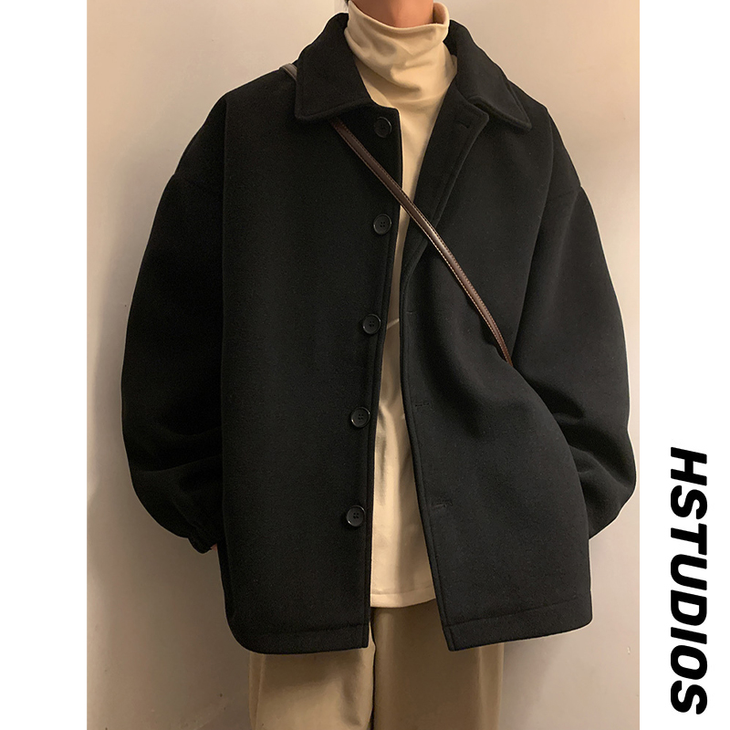 韩系黑色毛呢大衣短款风衣外套男潮高级感英伦雅痞男装轻熟风夹克