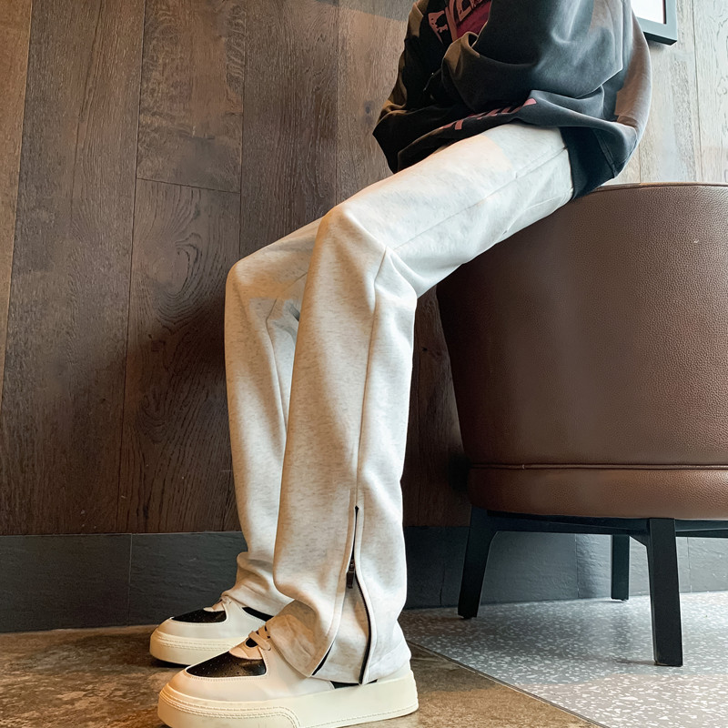 花灰色修身微喇vibe裤子美式高街重磅卫裤加绒男款拉链开叉直筒裤