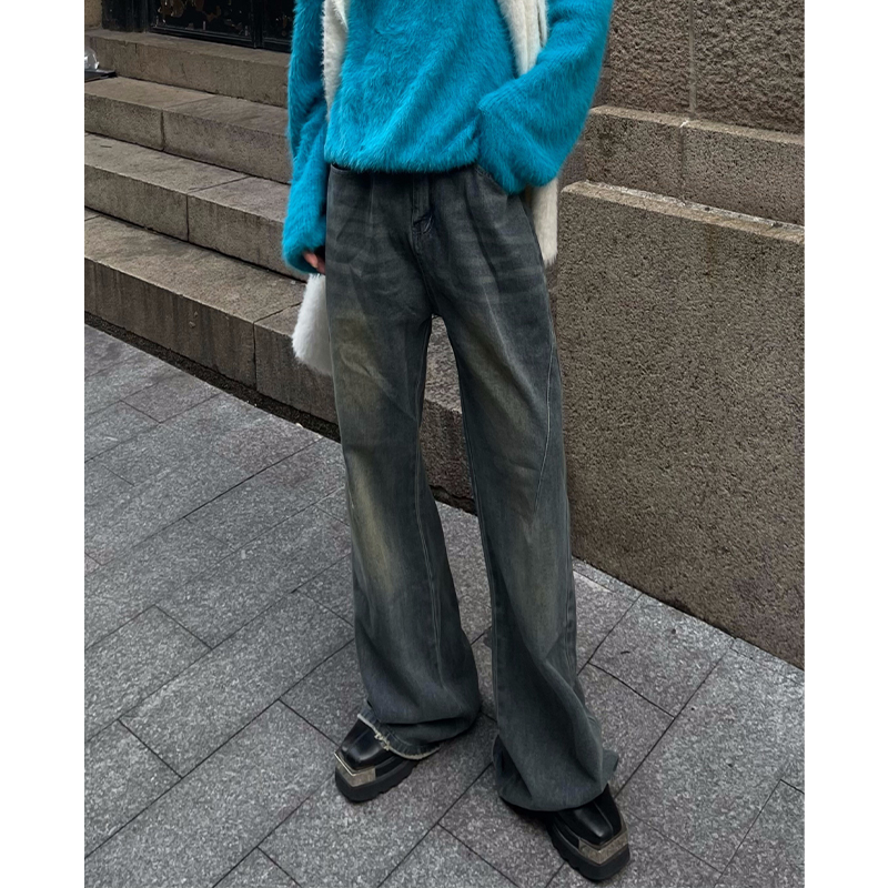 cleanfit水洗做旧复古蓝牛仔裤男款欧美高街vibe风裤子美式微喇裤