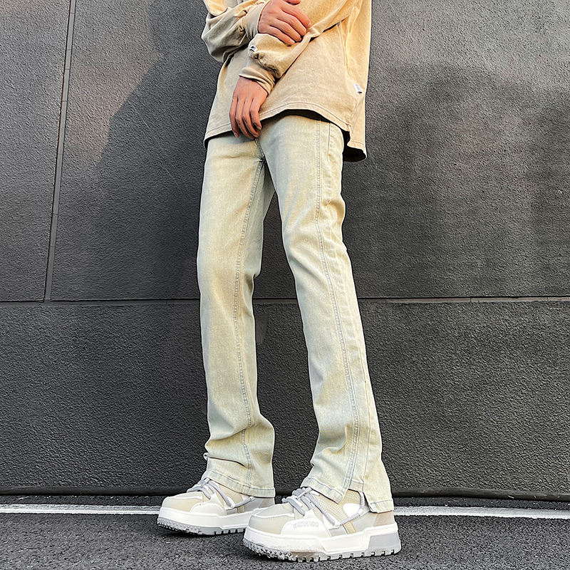 泥黄色修身小脚弹力牛仔裤男美式高街vibe裤子OOTD穿搭直筒微喇裤