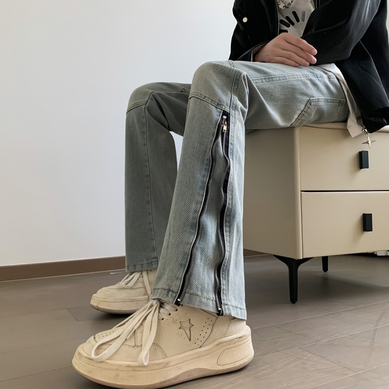 美式复古侧边拉链牛仔裤直筒宽松欧美vibe风裤子显瘦显腿长微喇裤