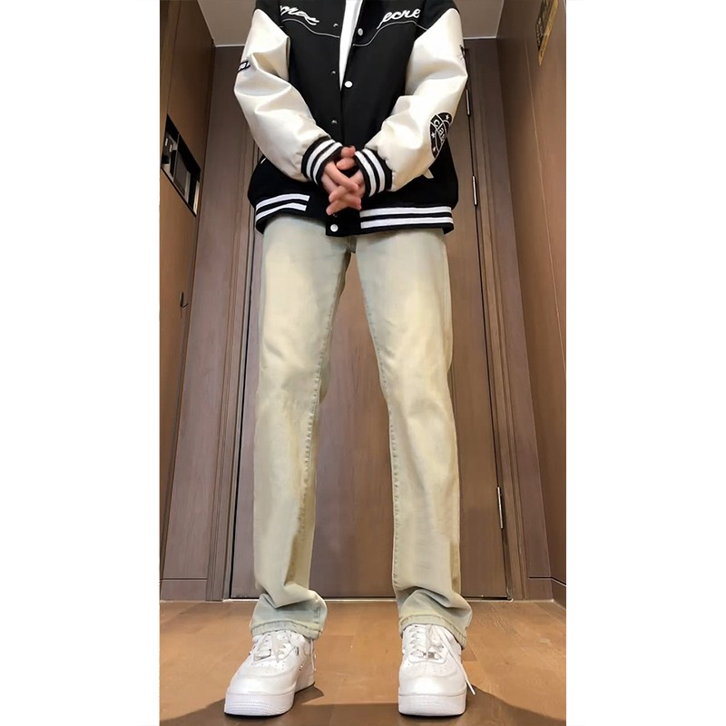 黄泥色加绒牛仔裤男款冬季美式复古vibe裤子高街弹力修身直筒裤